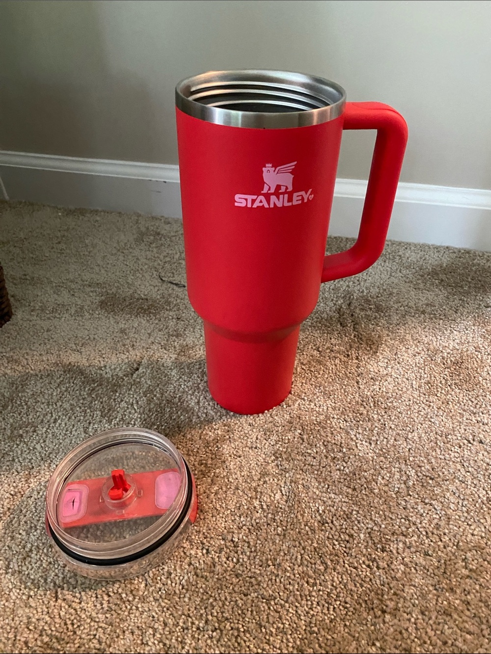 Stanley Limited Time Red Travel Tumbler with Handle and Clear Lid - USED